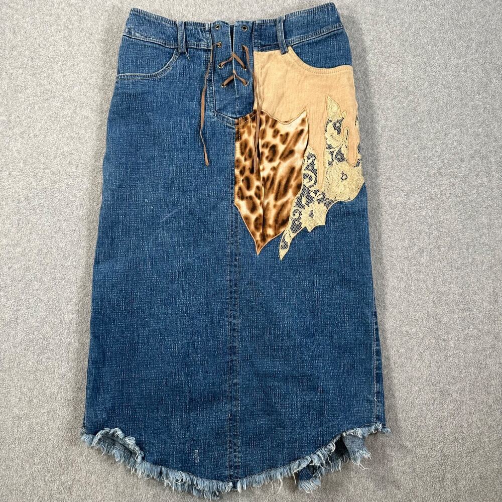 Y2k Patchwork Animal Print Midi Denim Skirt 27 Lace Up Cut Off Made in Italy